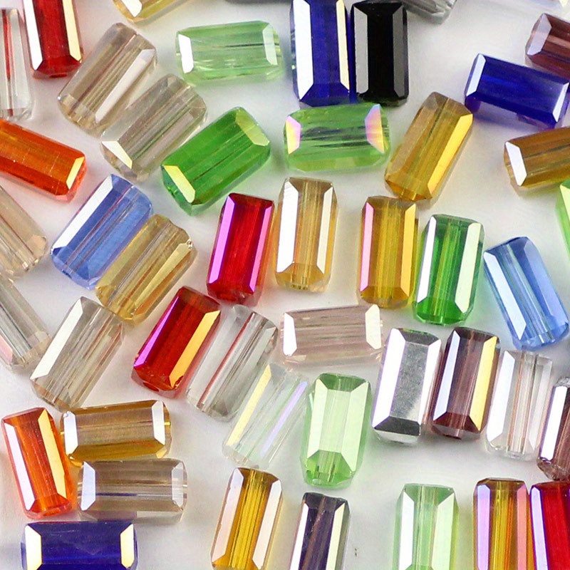 50pcs 4x8mm Rectangular Ab Color Glass Loose Beads For Making, Coated With Colorful Ab
