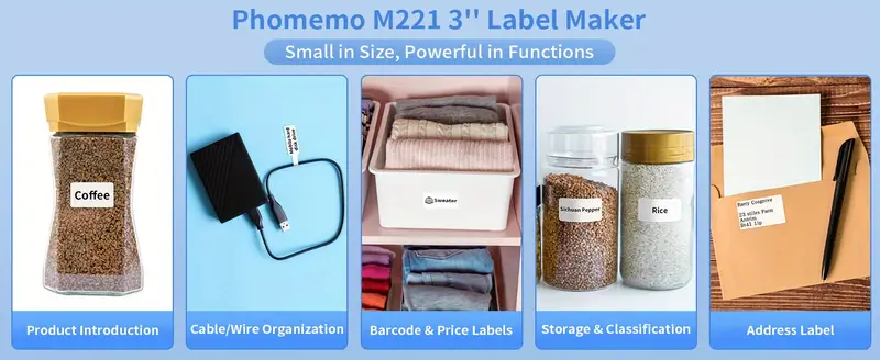 phomemo label makers m221 brcode label printer 3 bt label maker machine for barcode address logo mailing stickers small business home office blue and black details 6
