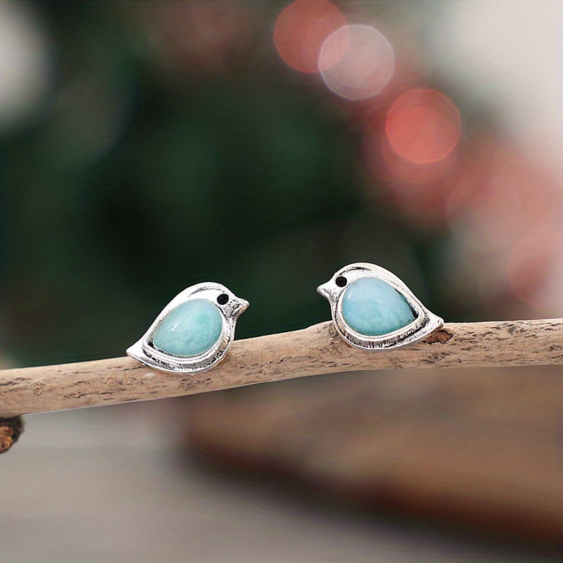 retro cute chunky bird design with turquoise decor stud earrings alloy silver plated jewelry female gift details 0