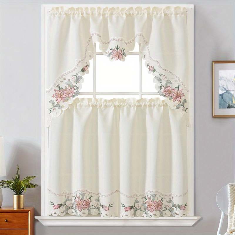 3 piece polyester   embroidered window curtains   home decoration in bedroom living room   details 1