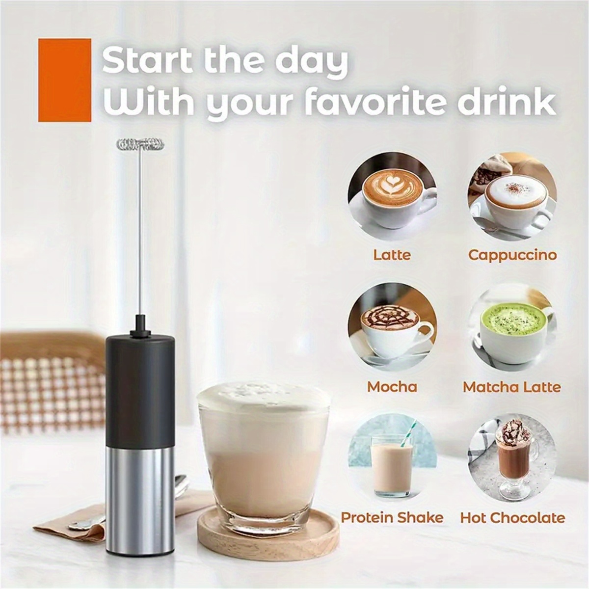 Powerful Milk Frother Handheld Foam Maker, Mini Whisk Drink Mixer for  Coffee, Cappuccino, Latte, Matcha, Hot Chocolate, No Stand, Black