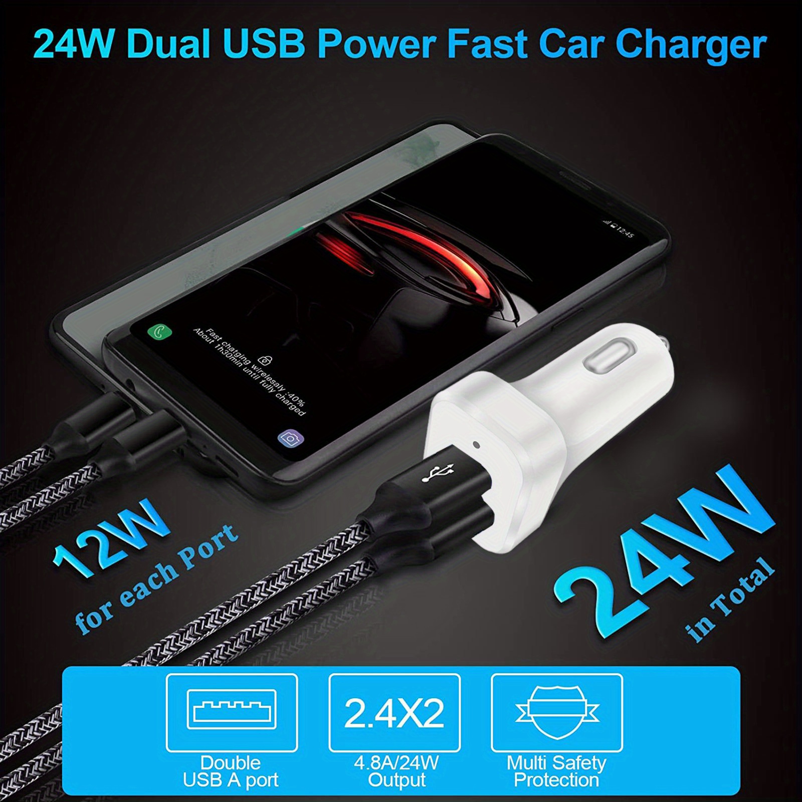 24W Dual USB-A Car Charger + USB-A to USB-C Cable