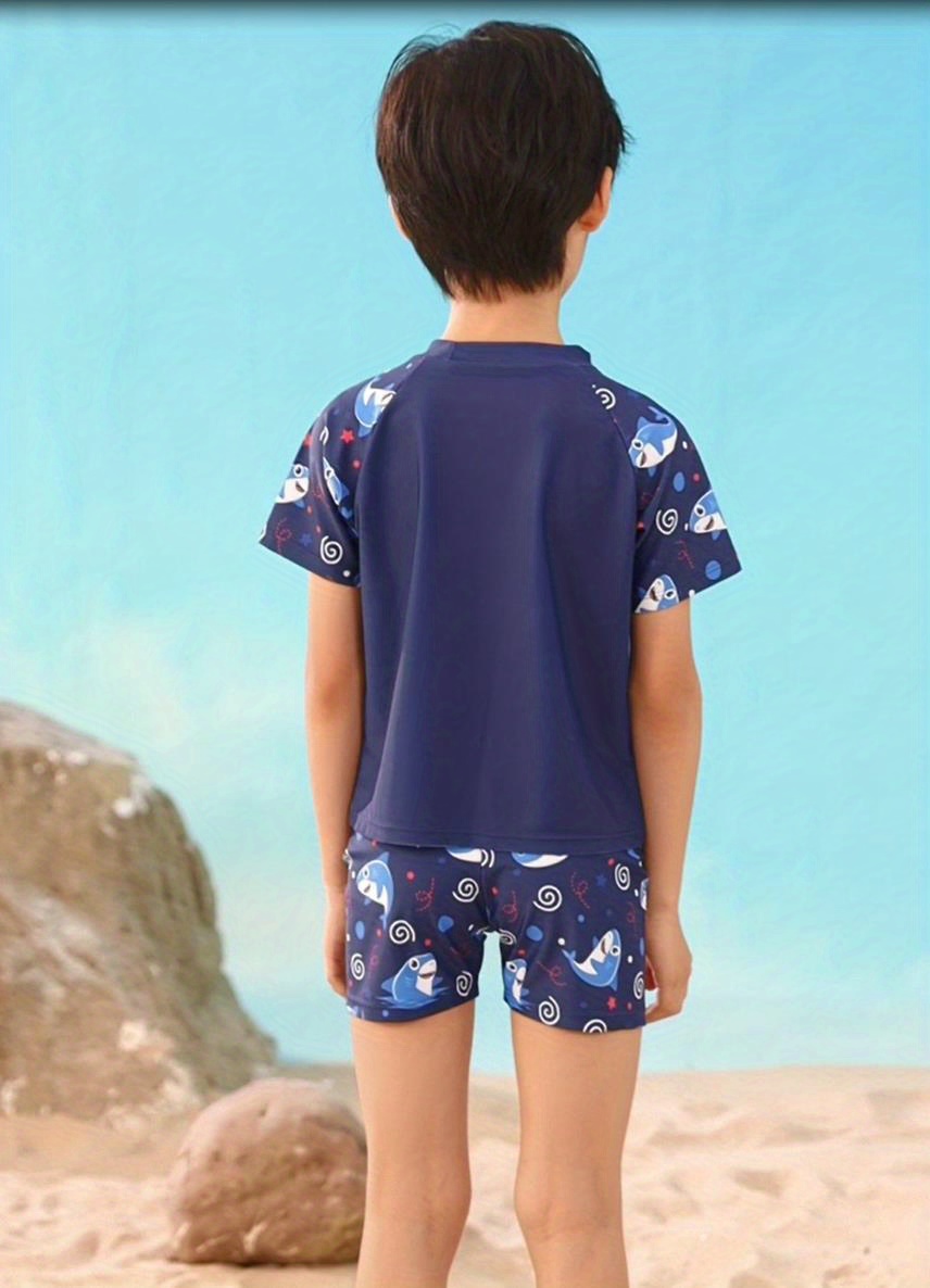 Boy's Cartoon Shark Pattern Swimsuit T shirt Swimming - Temu