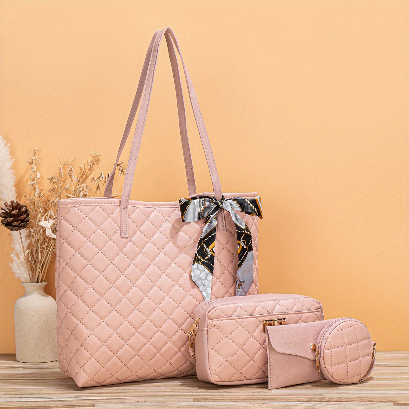 Classic Love Quilted Pattern Bag Sets, Trendy Tote Bag With Shoulder Bag &  Purse, Solid Color Bags