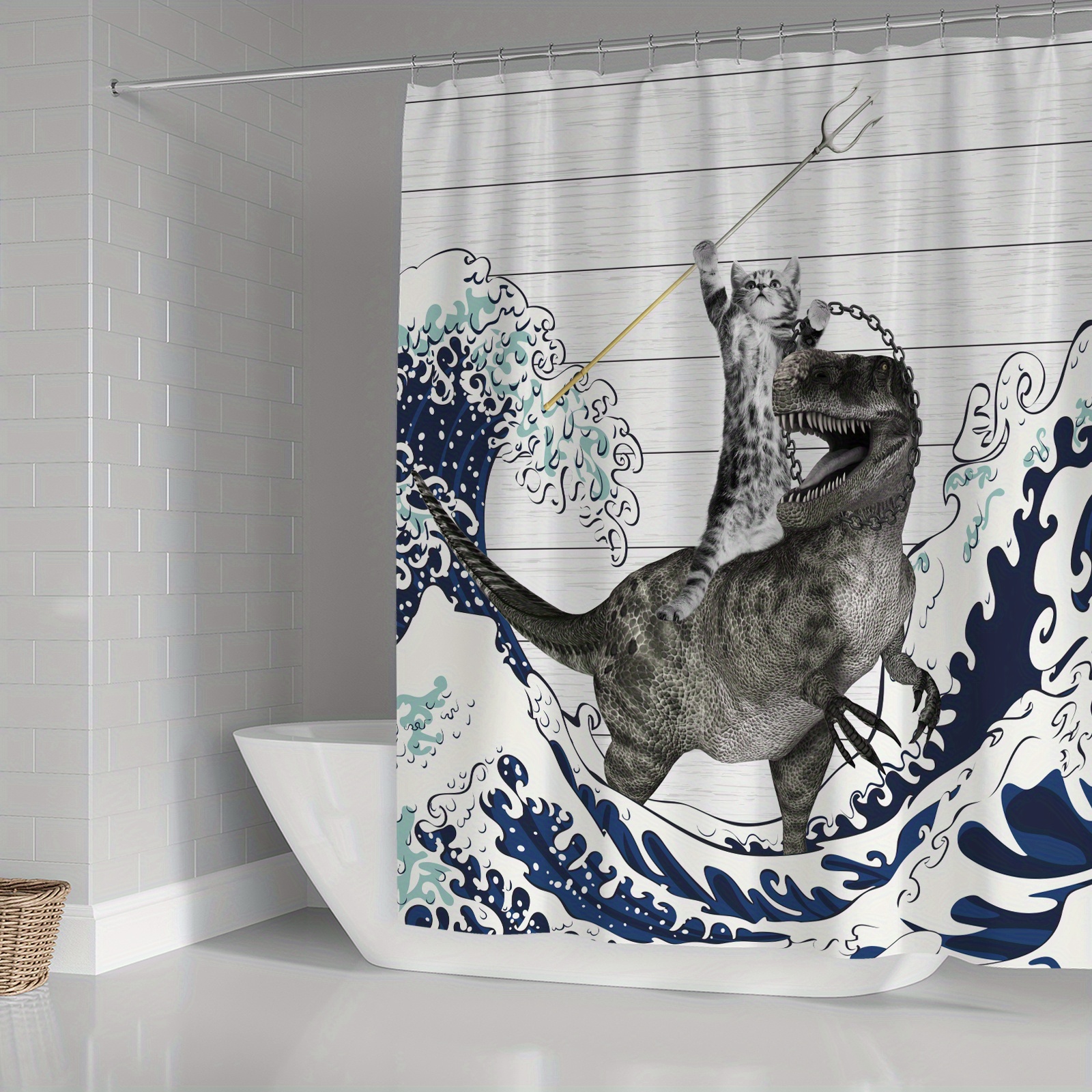 Fun Cat Dinosaur Shower Curtain Set Soft Fabric Non slip - Temu