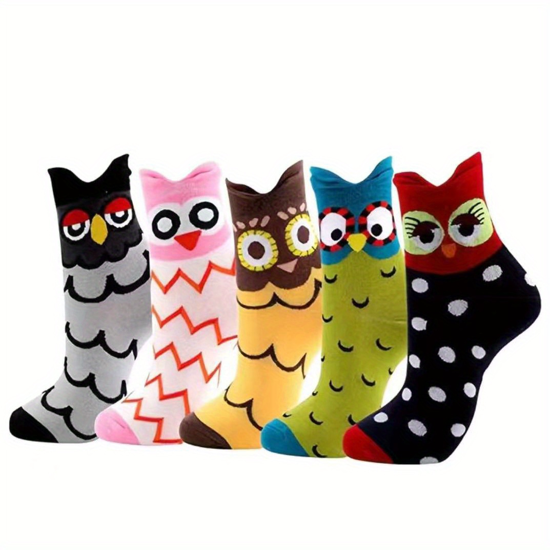 5 Pairs Of Teenager Socks, Cute Cartoon Owl Socks Cartoon Casual Sports Socks, Colorful Random Socks, For Teenager, For Teenager
