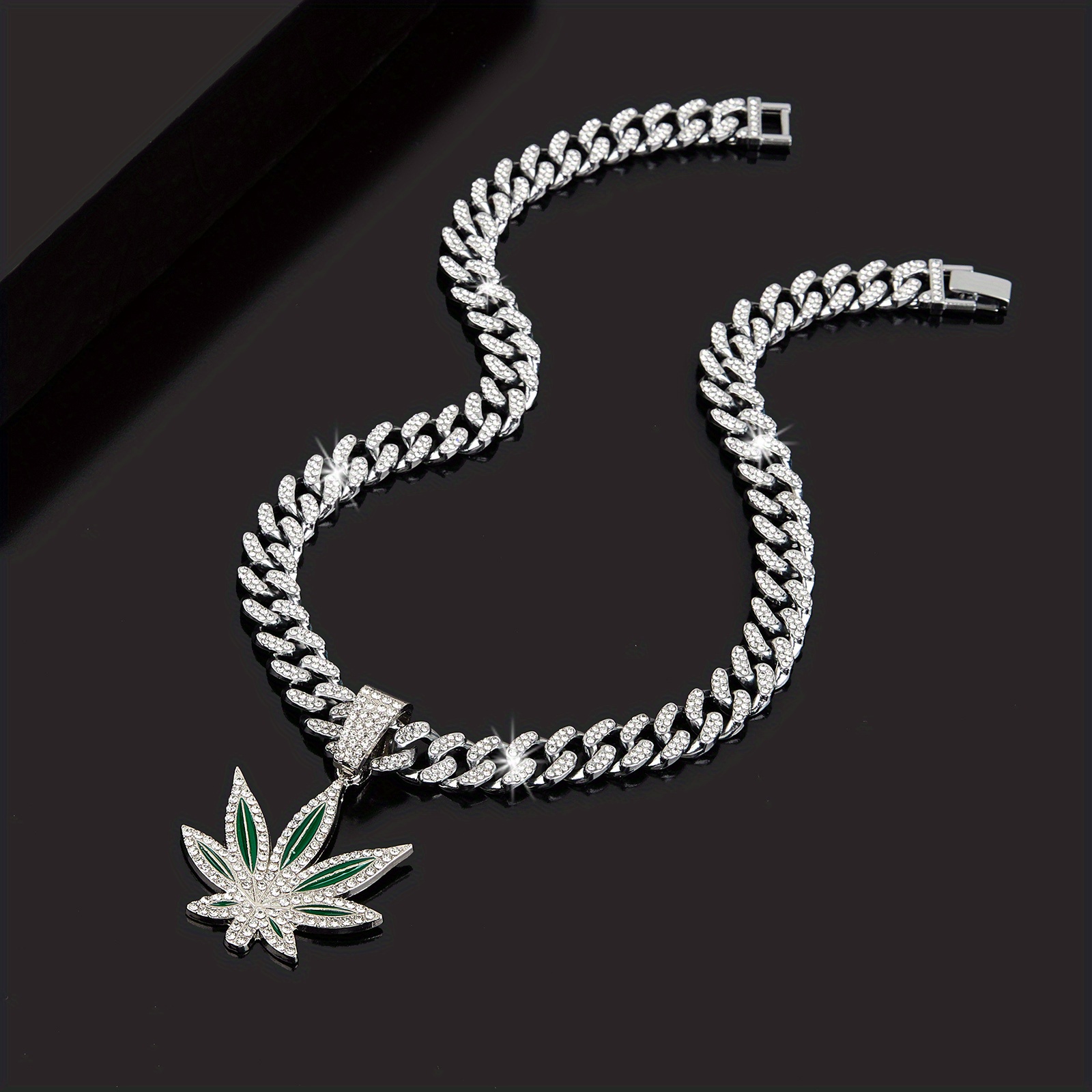 classic retro green leaf pendant cuban necklace for hip hop men details 7