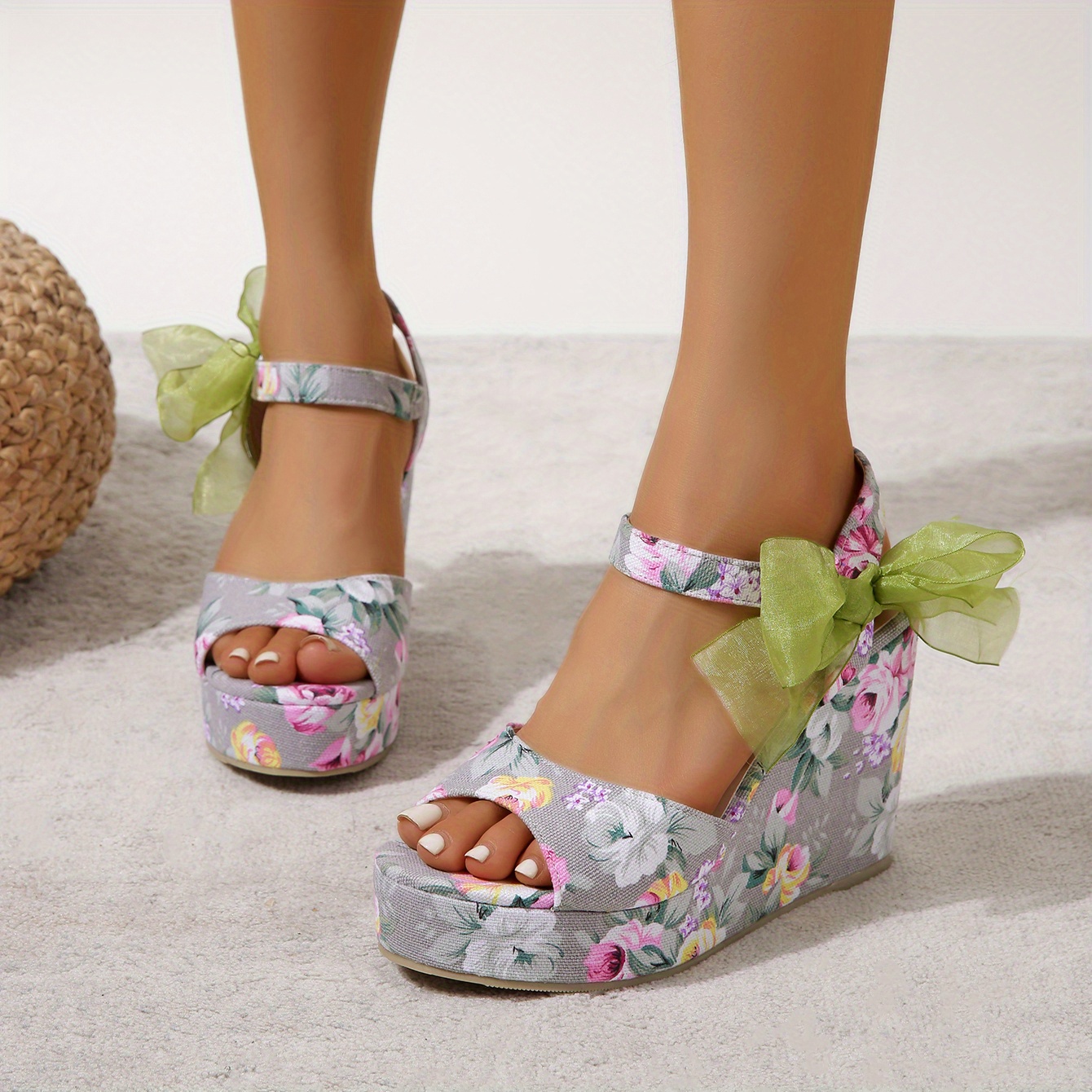 Women's Floral Print Wedge Sandals, Stylish Ribbon Details Platform  Sandals, Fashion Dressy Shoes