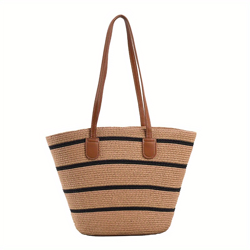Simple Striped Pattern Shoulder Straw Bag, All-match Summer Woven Tote Bag,  All-match Travel Storage Bag For Beach - Temu Australia