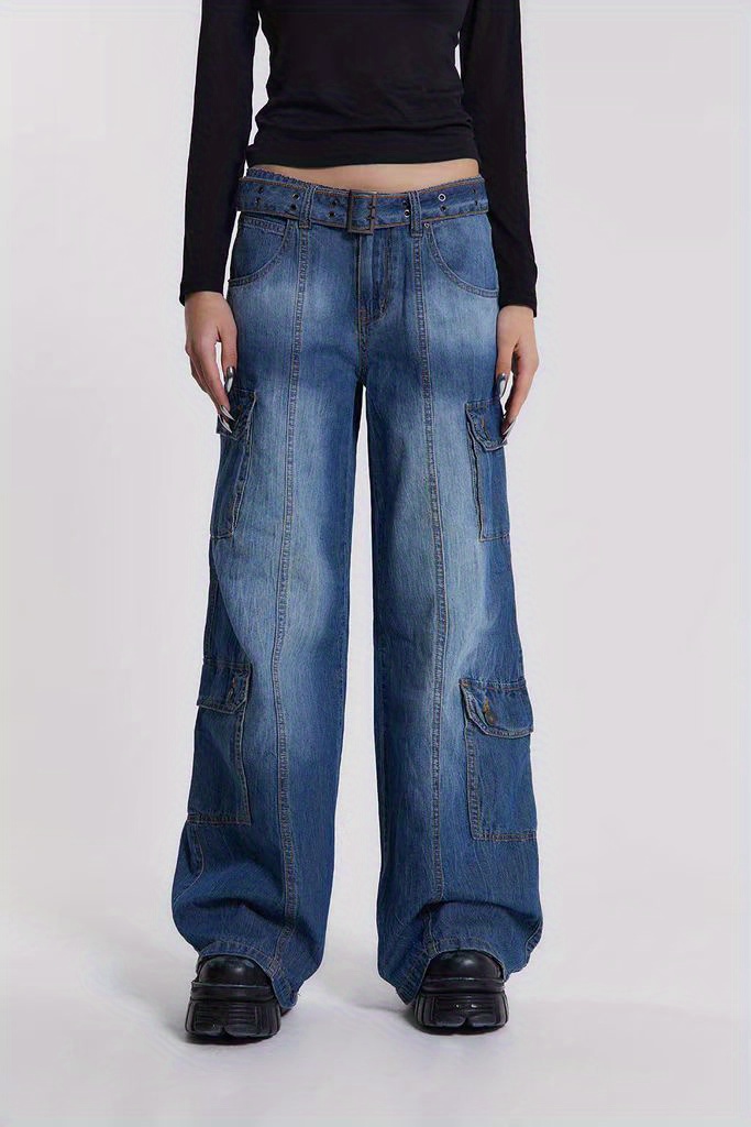 Casual Cargo Baggy Jeans Wide Leg Durable Quality Belt Denim