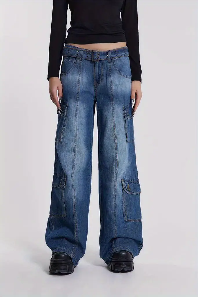 Side Flap Pocket Buckle Belt Cargo Jeans, Loose Low Waist Streetwear ...