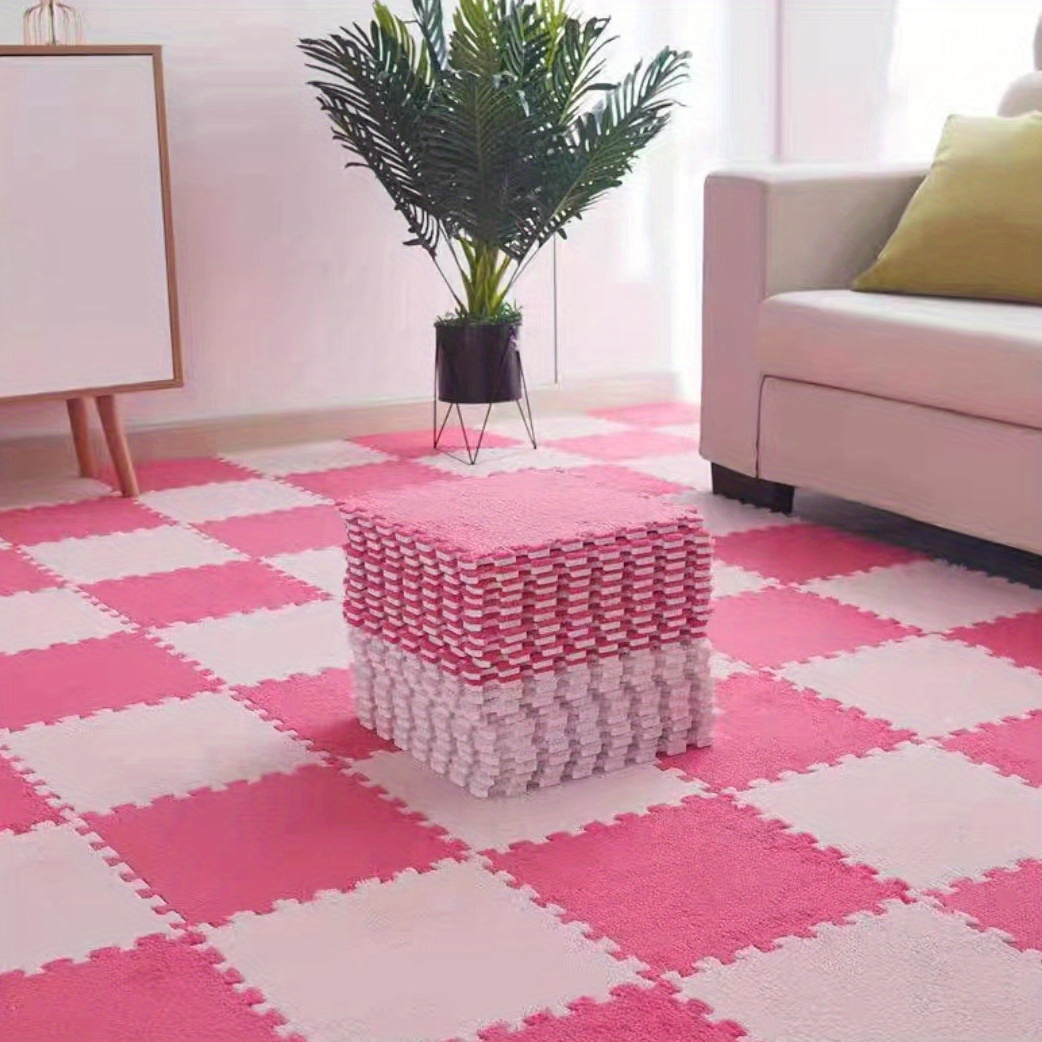 Interlocking Foam Tiles,10 Pcs Puzzle Play Mat Rug,Plush Carpet  Squares,Plush Puzzle Foam Floor,for Living Room,Home Decor,30x30  Cm(Color:Pink+White)
