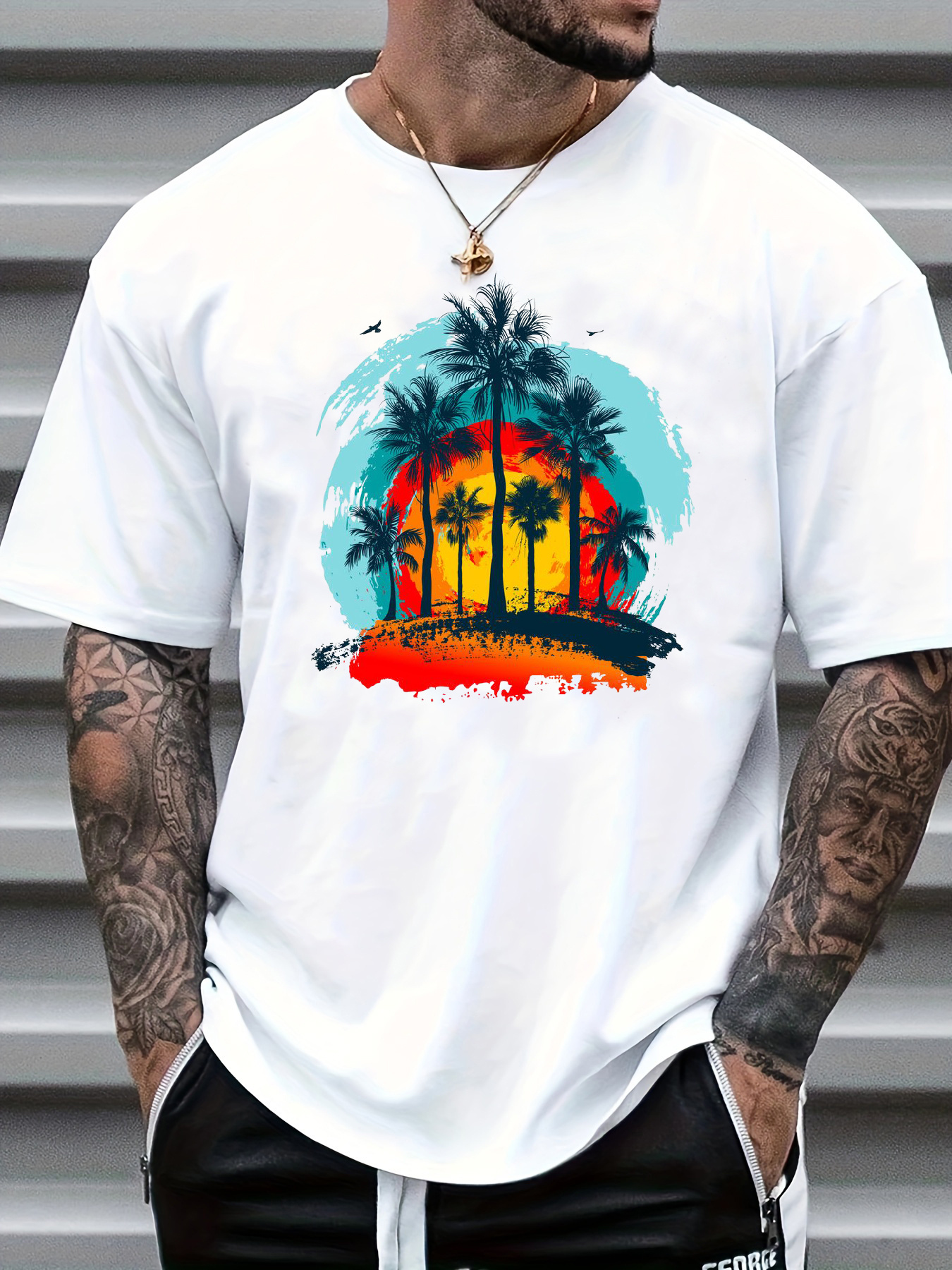 Coconut Palm Sunset Print Men's Graphic Design Crew Neck - Temu