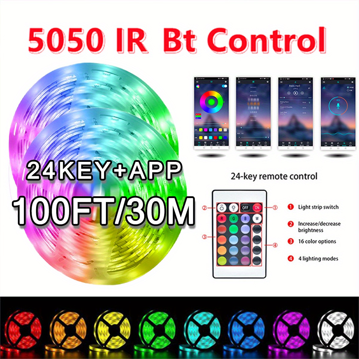 100ft/30m 5050 RGB LED Strip Lights, led Strip Light, Controlled via Smart  app, Sync with Music, led Strips are Ideal Decoration for Bedroom,Home, bar