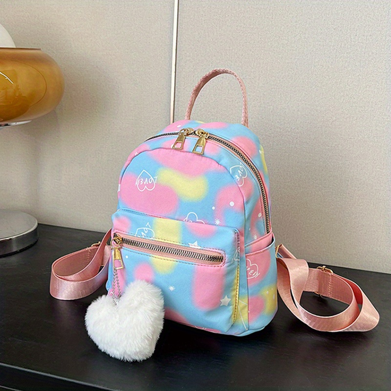 Kids Colorful Backpack w/Plush Love Charm Cute Nylon Gift