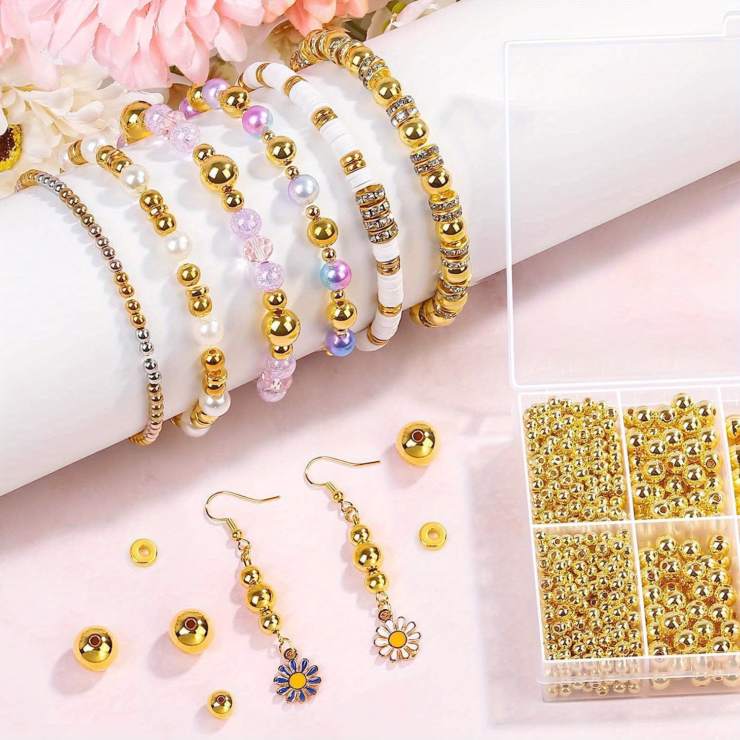 Golden Smooth Ball Round Loose Spacer Beads Kit For Diy Bracelets