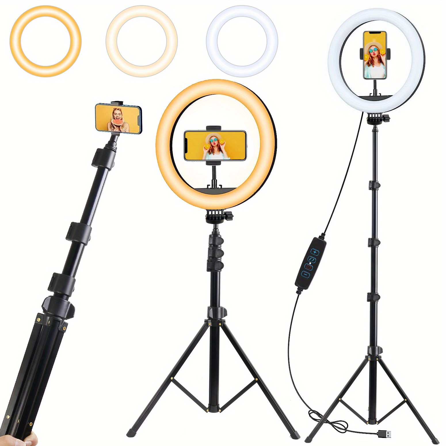 Estudio para creadores de contenido selfie con luz LED y trípode, trípode  para selfie con soporte para teléfono y anillo de luz LED, trípode para