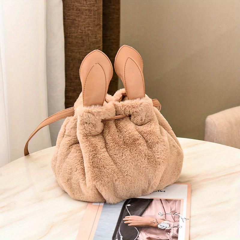 Plush Bunny Ear Bucket Bag, Kawaii Drawstring Shoulder Bag, Fluffy
