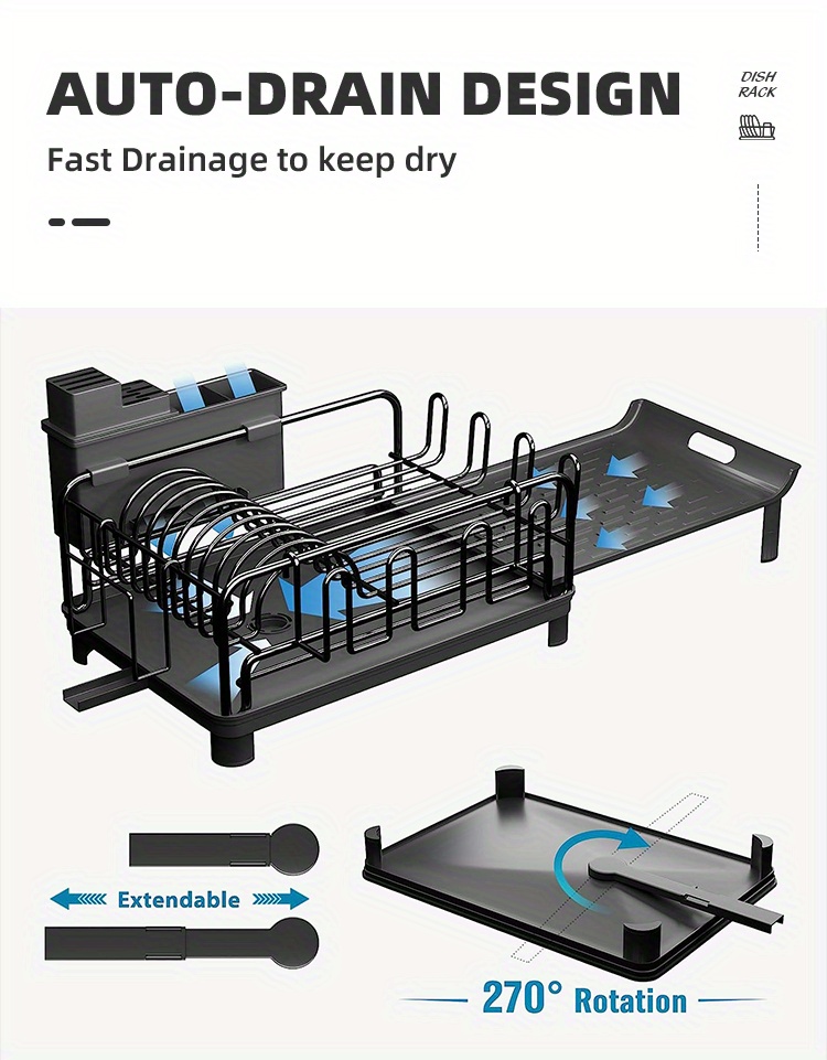 1pc Large Dish Drying Rack With Drainer, Extendable Dish Rack,  Multifunctional Dish Rack, Anti-Rust Drying Dish Rack With Cutlery Cup  Holders, For Kit