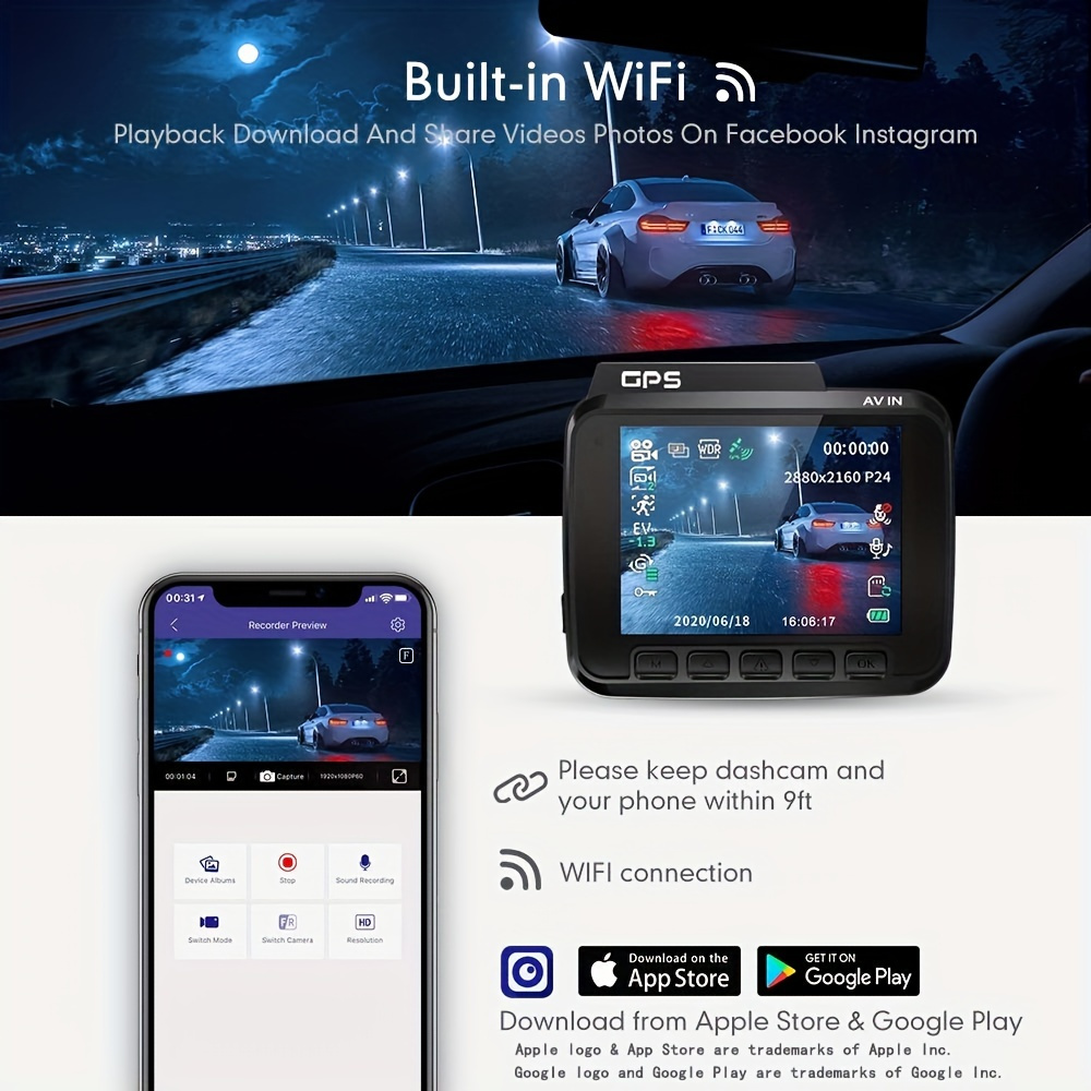 4k Dash Cam Gps Wifi Uhd 2160p Lcd 170 °wdr Wifi gps G Temu