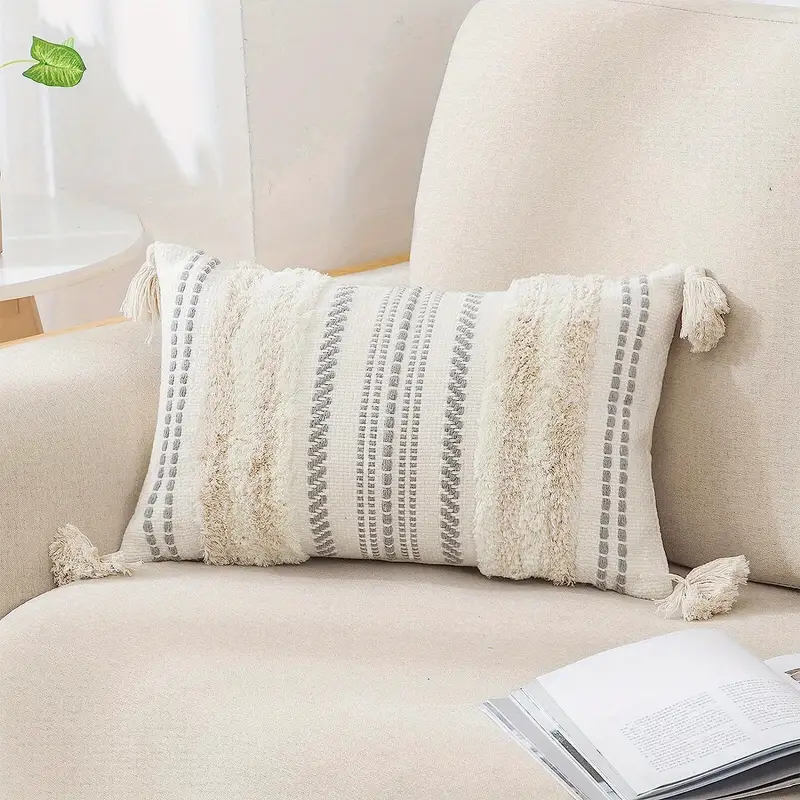 Boho Throw Pillow Covers 18x18 Decorative Pillows for Bed, Neutral Pillows  Cover with Tassels for Modern Farmhouse Couch Sofa Living Room Outdoor