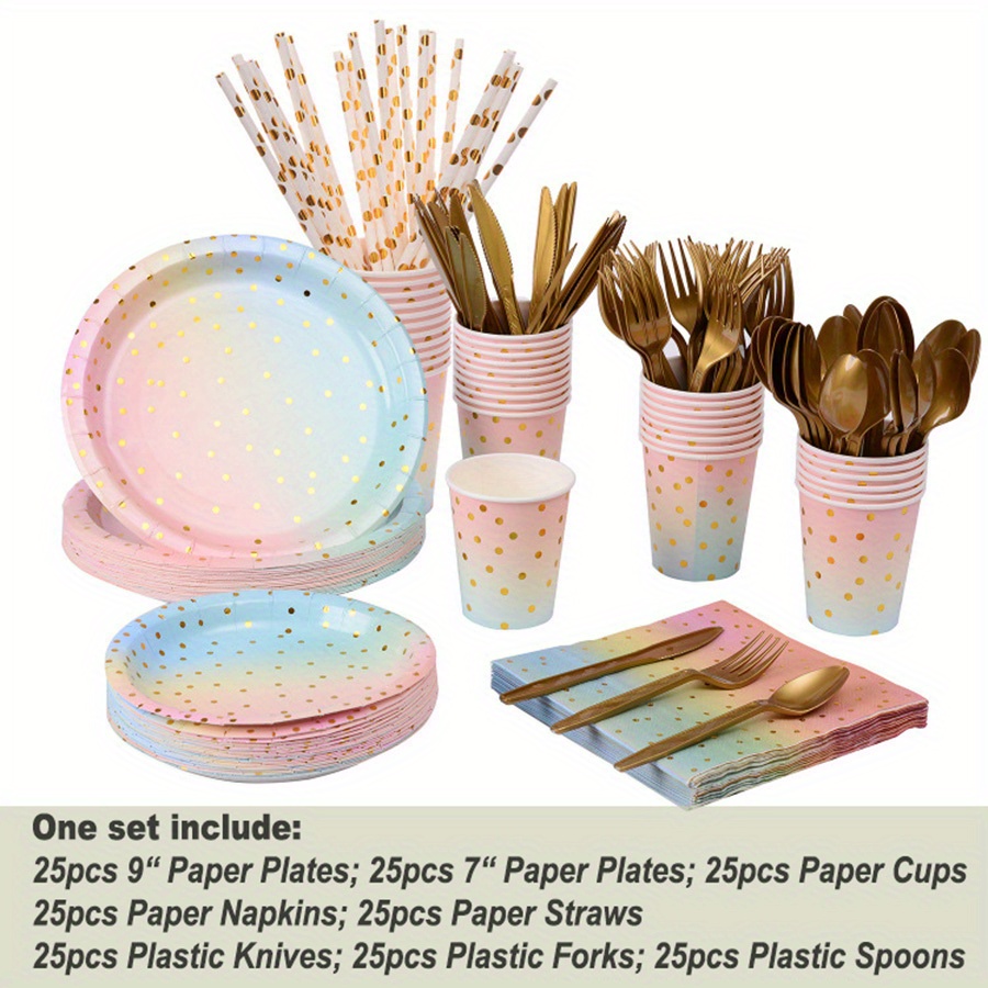 200 Pcs Christmas Disposable Dinnerware Set, Paper Plates Napkins Cup Straw  Plastic Fork Knives Spoon 