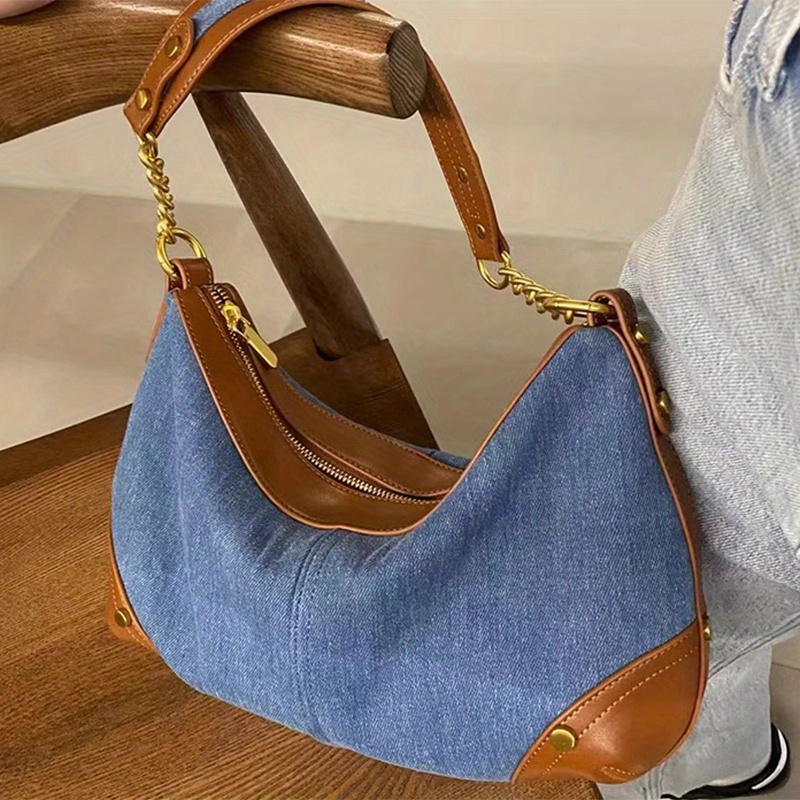 Vintage Color Stitching Large Capacity Hobo Tote Bag, Denim Chain  Lightweight Shoulder Bag, Casual Fashion Commuter Bag - Temu