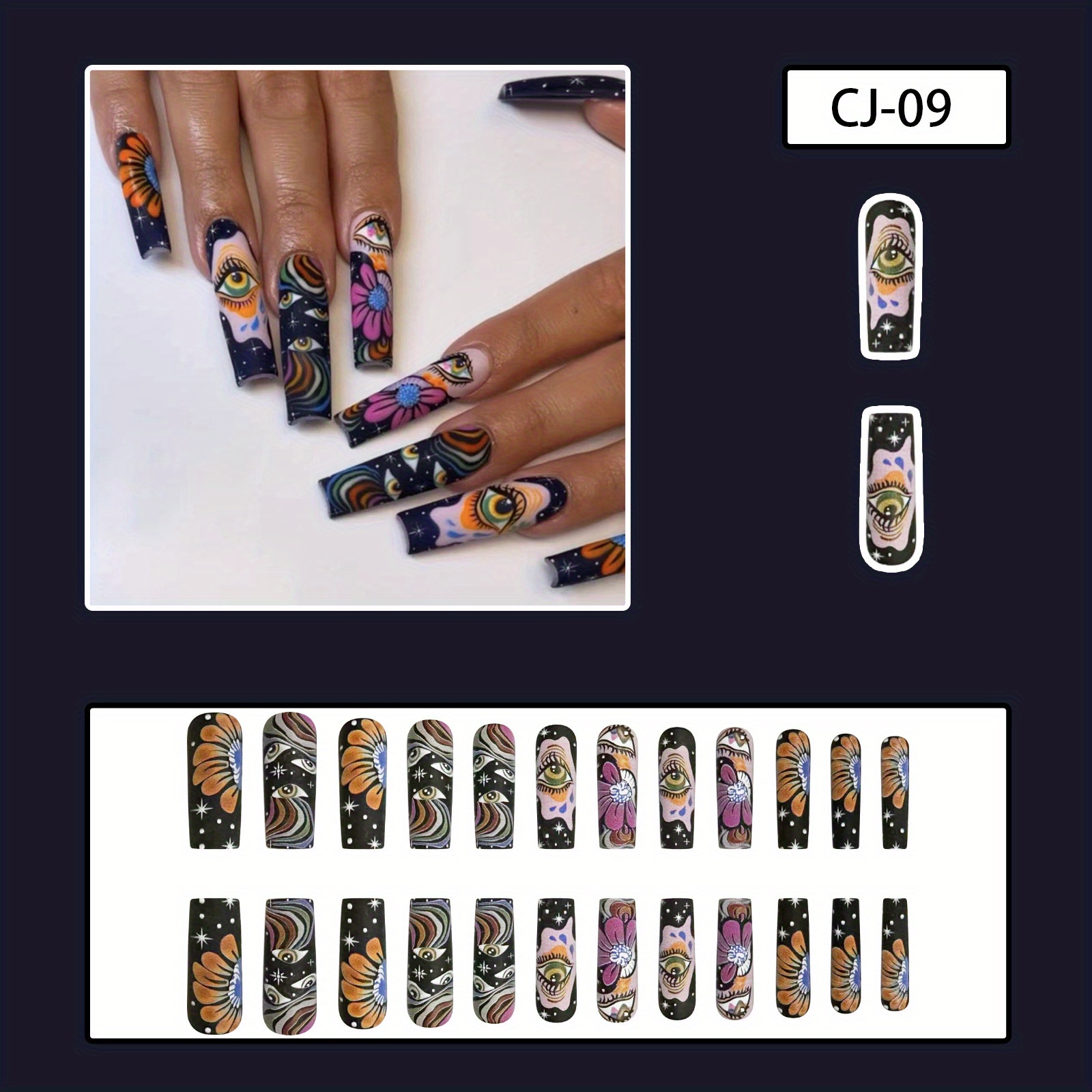 Extra Long Ballerina Fake Nails Flower Big Eye Press On Nails With