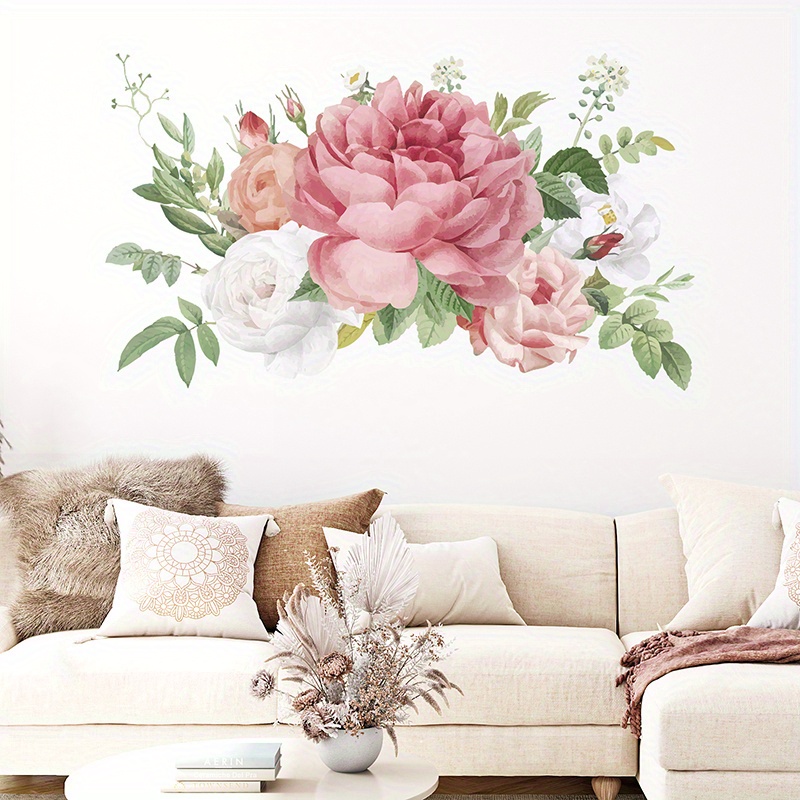 TEMU 1pc Watercolor Peony Flowers Wall Decals, Floral Wall Stickers For Living Room, Delicate White Pink Flowers Wall Posters Vinyl   Art Applique For Bedroom Girls Room