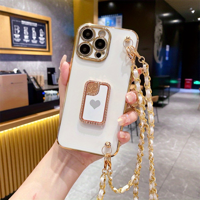 Crossbody Lanyard Cord Plating Love Heart Soft Case For iPhone 15 14 Pro  Max 13 12 11 XS XR 7 Plus SE3 MiNi Lens Protector Cover