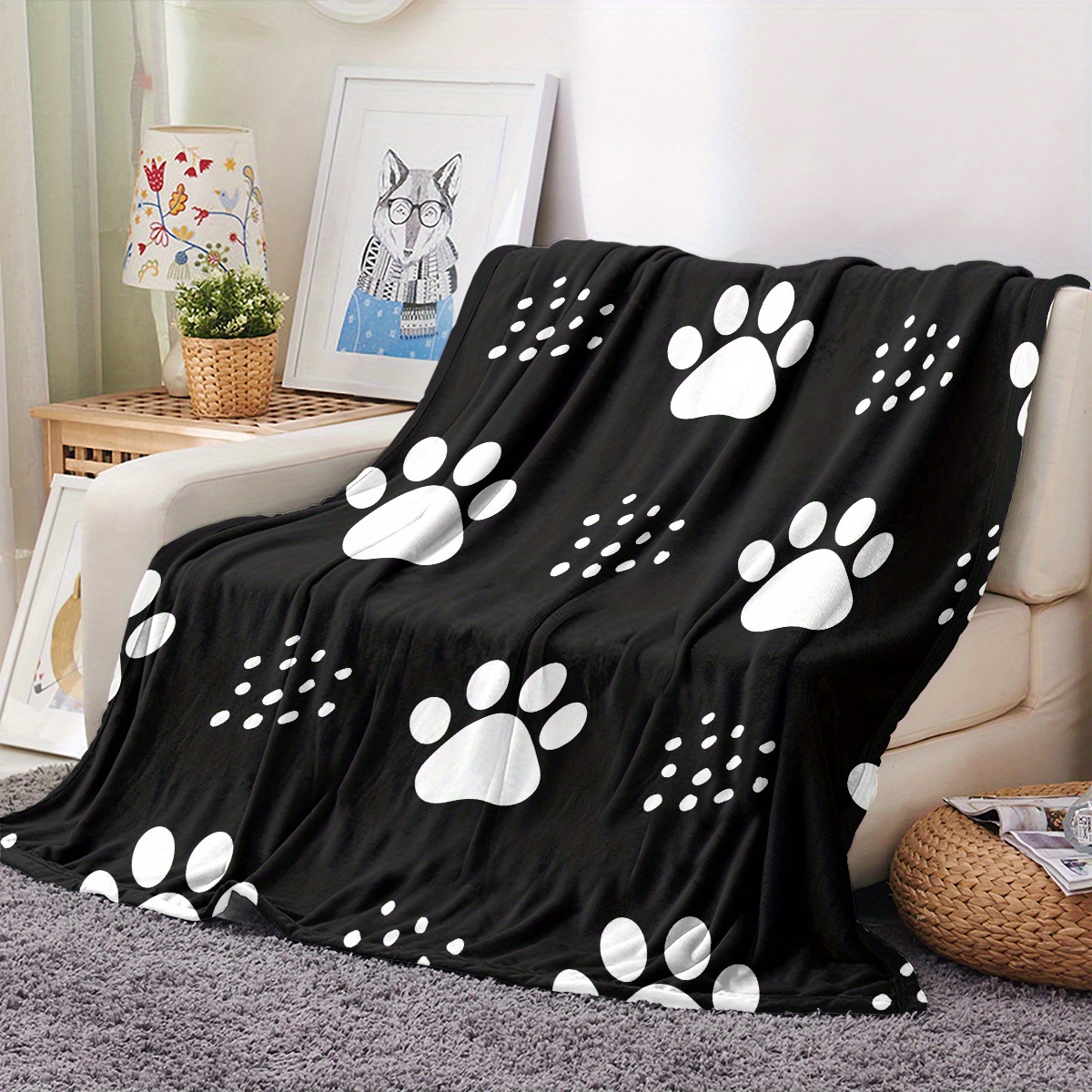 Dog Paw Print Flannel Blanket, Soft Cozy Throw Blanket Nap Blanket For