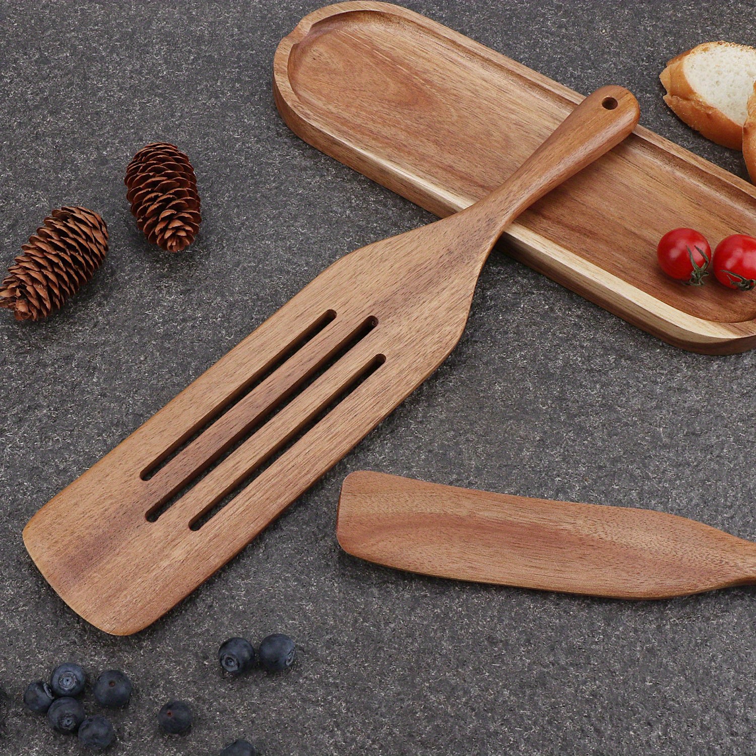  KITEISCAT Cucharas de madera de acacia para cocinar: juego de  utensilios de cocina y cocina de 5 piezas - espátula de madera, cuchara  ranurada y para pasta - Juego de utensilios