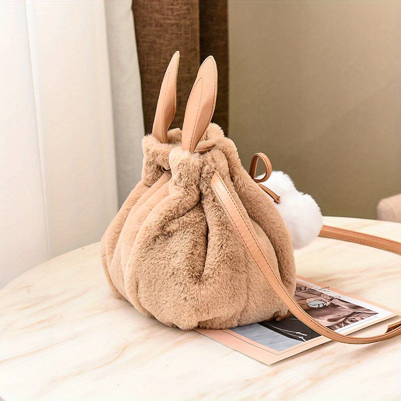 Plush Bunny Bucket Ear Bag, Cute Drawstring Crossbody Bag, Small