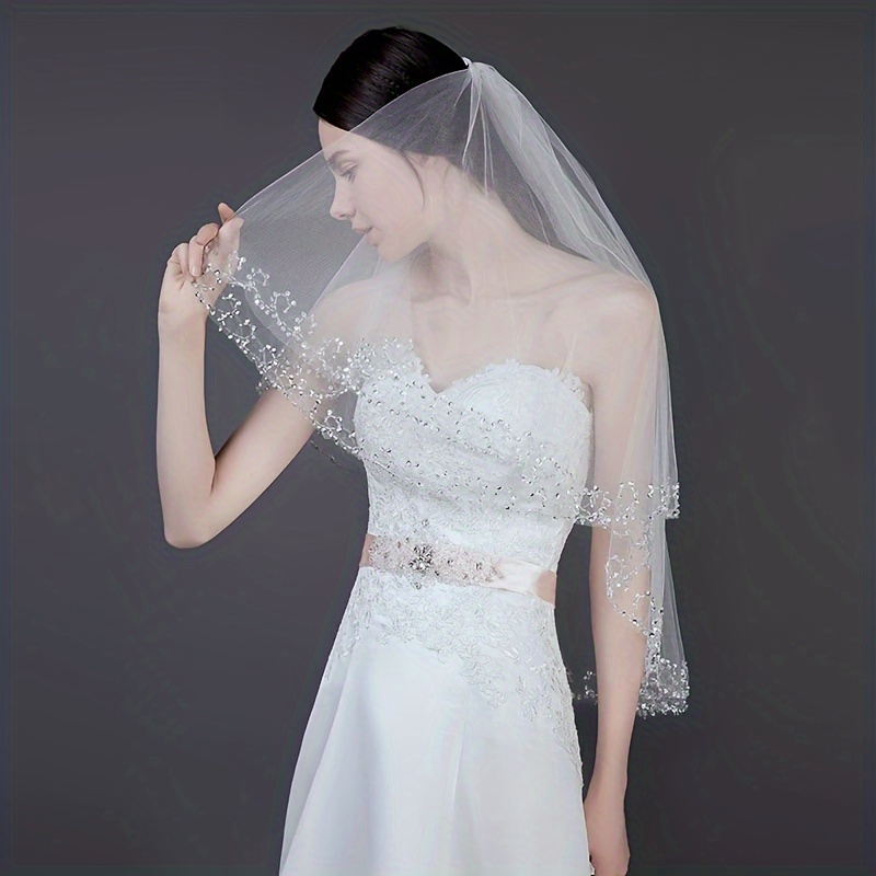 

Wedding Bride White Head Veil With Comb Sequins Edge Veil Photography Accessories For Women