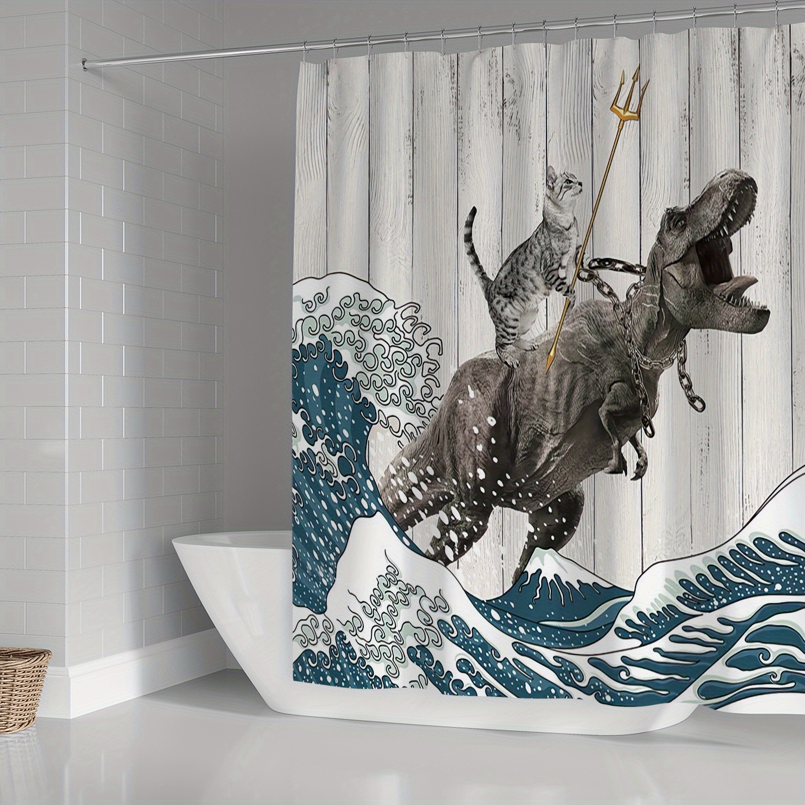 Fun Cat Dinosaur Shower Curtain Set - Soft Fabric, Non-slip Bath