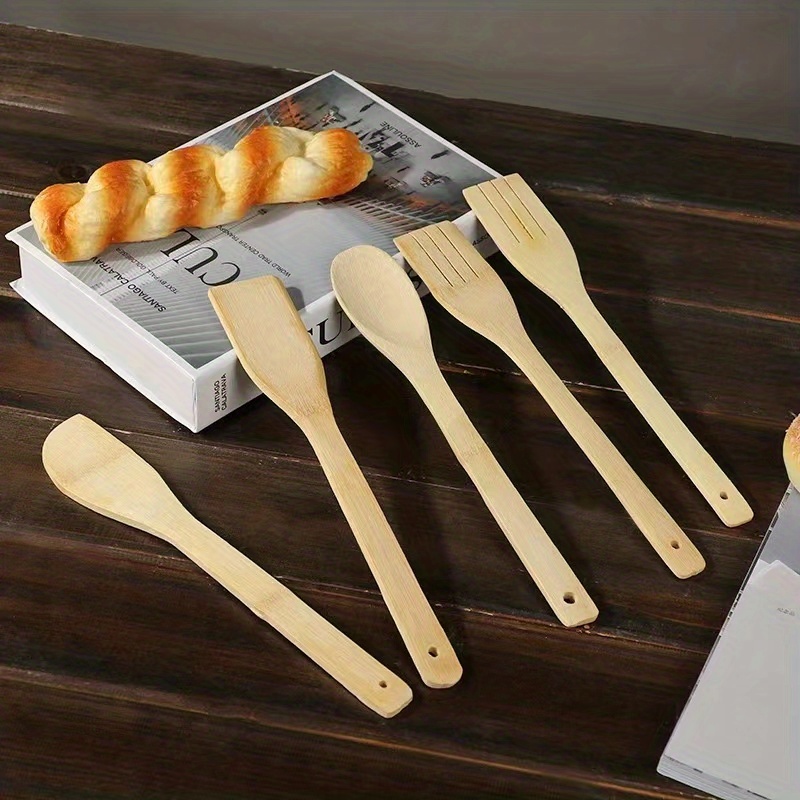 Set de 5 utensilios de cocina, madera de bambú, 30 cm, con soporte de 16 x  10 x 10 cm, cucharas y espátulas ranuradas y lisas co