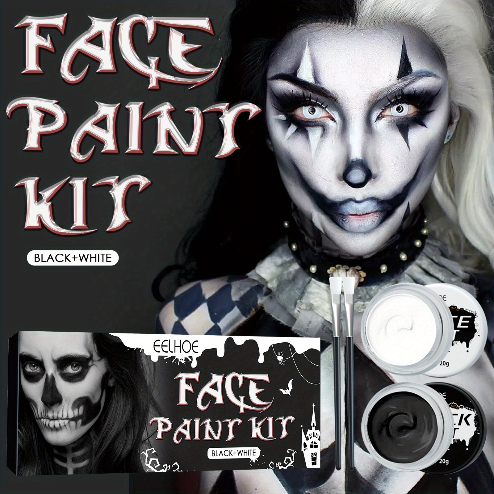 Eelhoe Halloween Noir et Blanc Peinture Corporelle Maquillage Peinture  Corps Peinture Vampire Zombie Crâne Visage