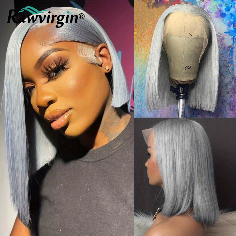 Gray Short Bob Cut Wig Straight 13x4 Lace Front Human Hair Wig For Women 150 Density Silvery Grey Transparent Lace Frontal Wig Preplucked Brazilian Human Hair Wig