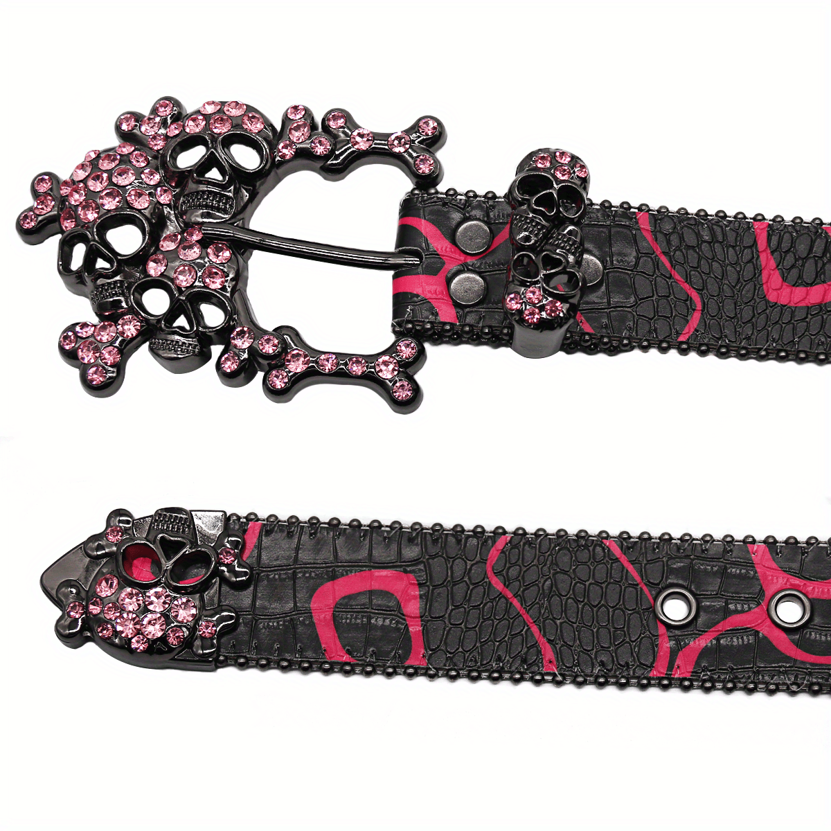 Y2k Rose Red Skull Belt Sparkling Rhinestone Inlaid Stone Pattern