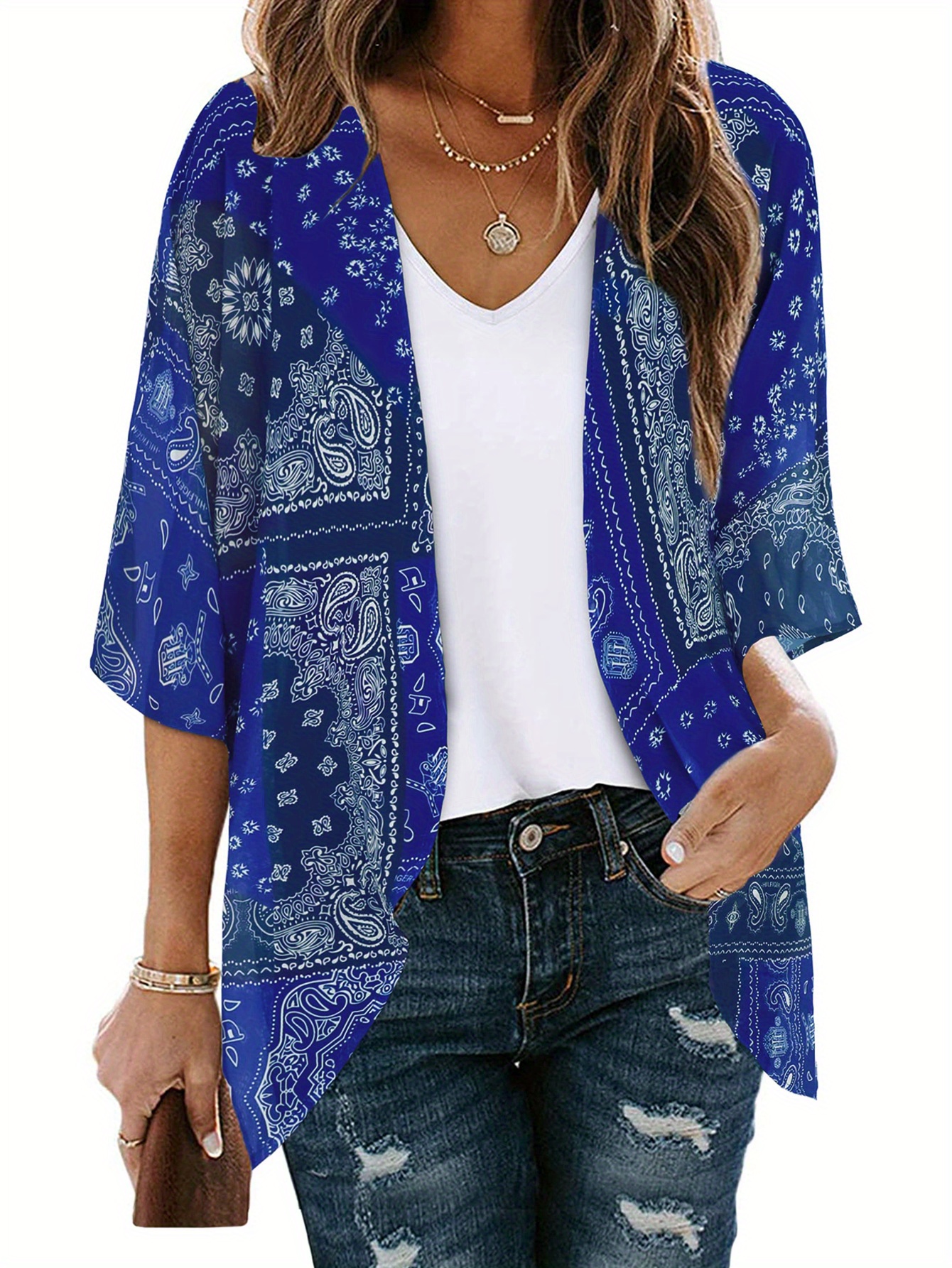 Motif Cachemire Print Open Front Kimono Boho Cover Kimono - Temu