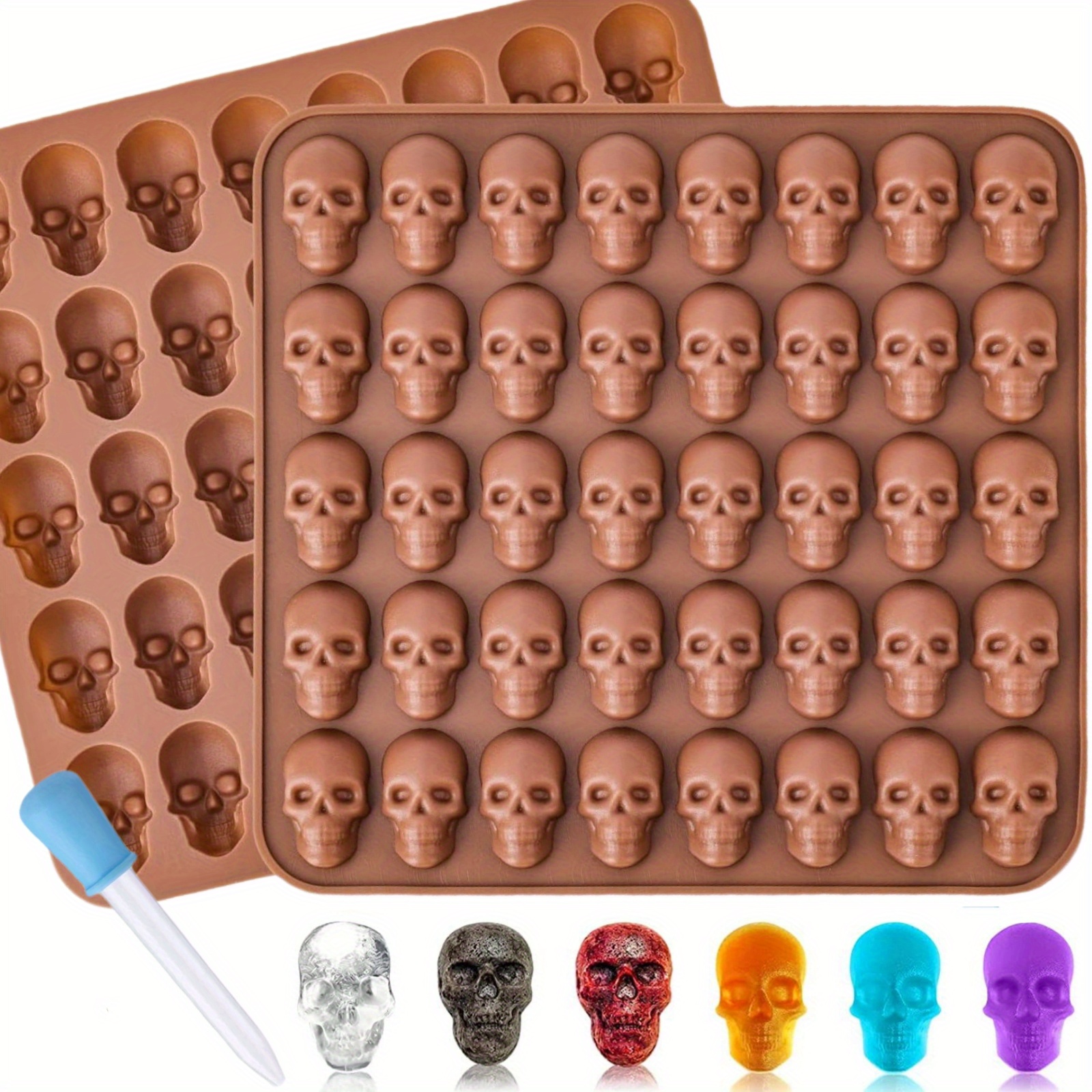 2Pcs Skull Silicone Candy Molds, Gummy Candy Molds Silicone Set with 1  Dropper and 80 Cavities for Candy, Chocolate, Ice Cube, Jelly