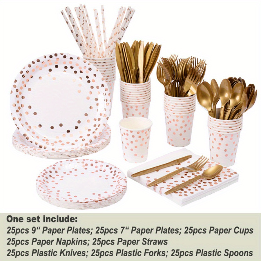 200 Pcs Christmas Disposable Dinnerware Set, Paper Plates Napkins Cup Straw  Plastic Fork Knives Spoon 