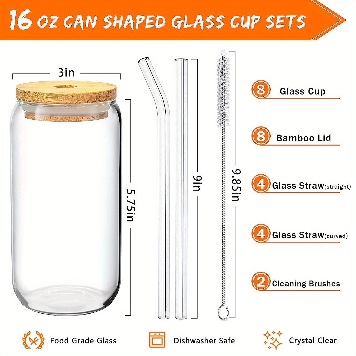 Glass Cups with Bamboo Lids Glass Straws and Coasters (Set of 4 16 Oz) -  Iced