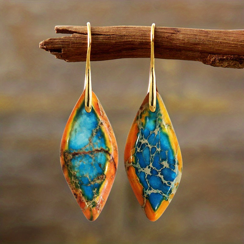 Bohemian Natural Imperial Stone Leaf Dangle Earrings Women - Temu
