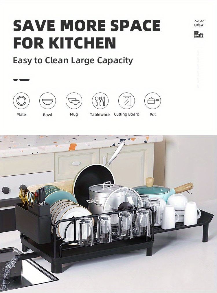 Multifunctional Extendable Dish Rack With Cutlery & Cup Holders - Anti-rust  Drying Dish Rack For Kitchen Counter - Includes Bowl Holder, Drain Board,  And Cutlery Rack - Essential Home Kitchen Accessories - Temu