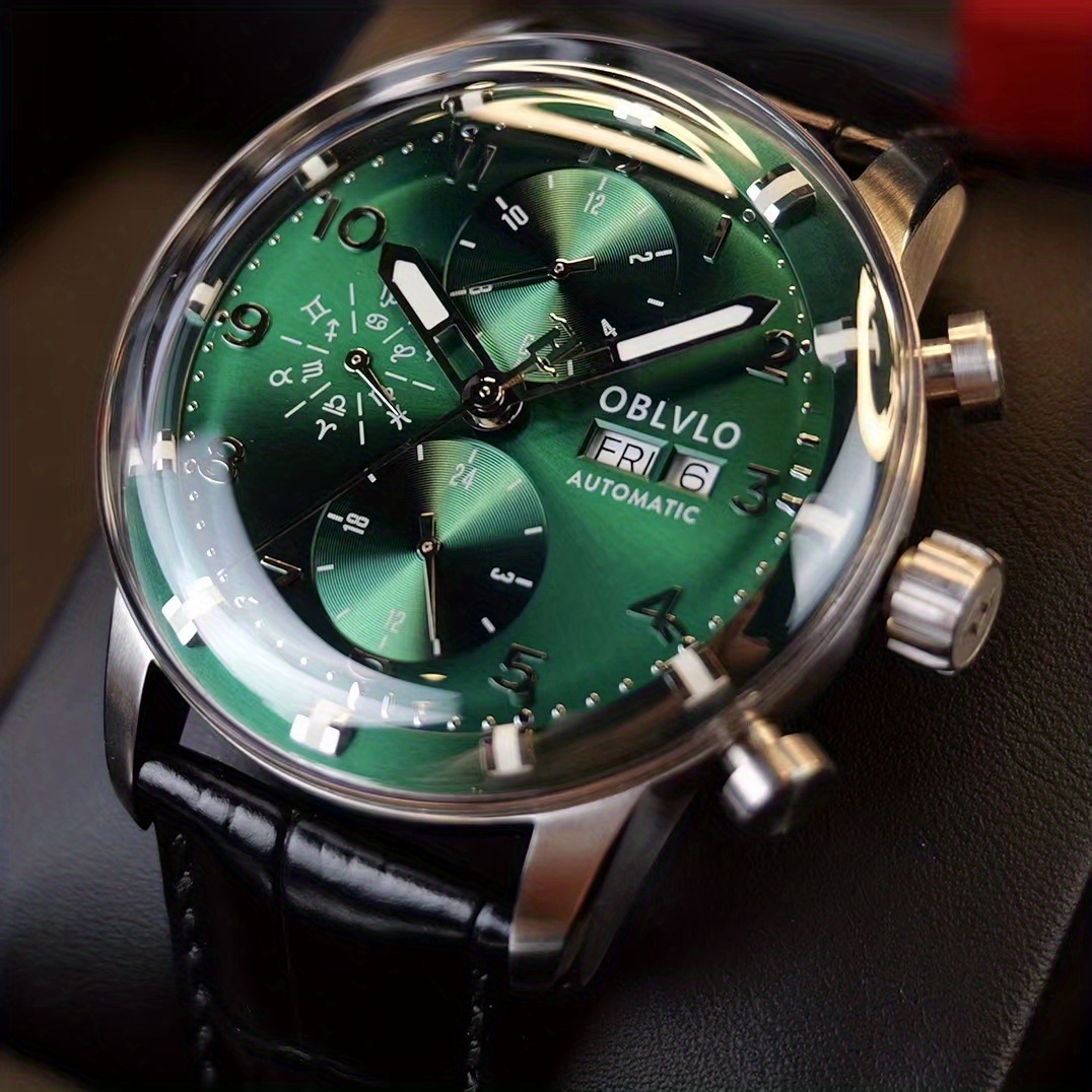 OBLVLO Montre Homme Vert Classique Double Calendrier Montre M canique Automatique Montre D Affaires Calendrier Montres Bracelets Pour Hommes