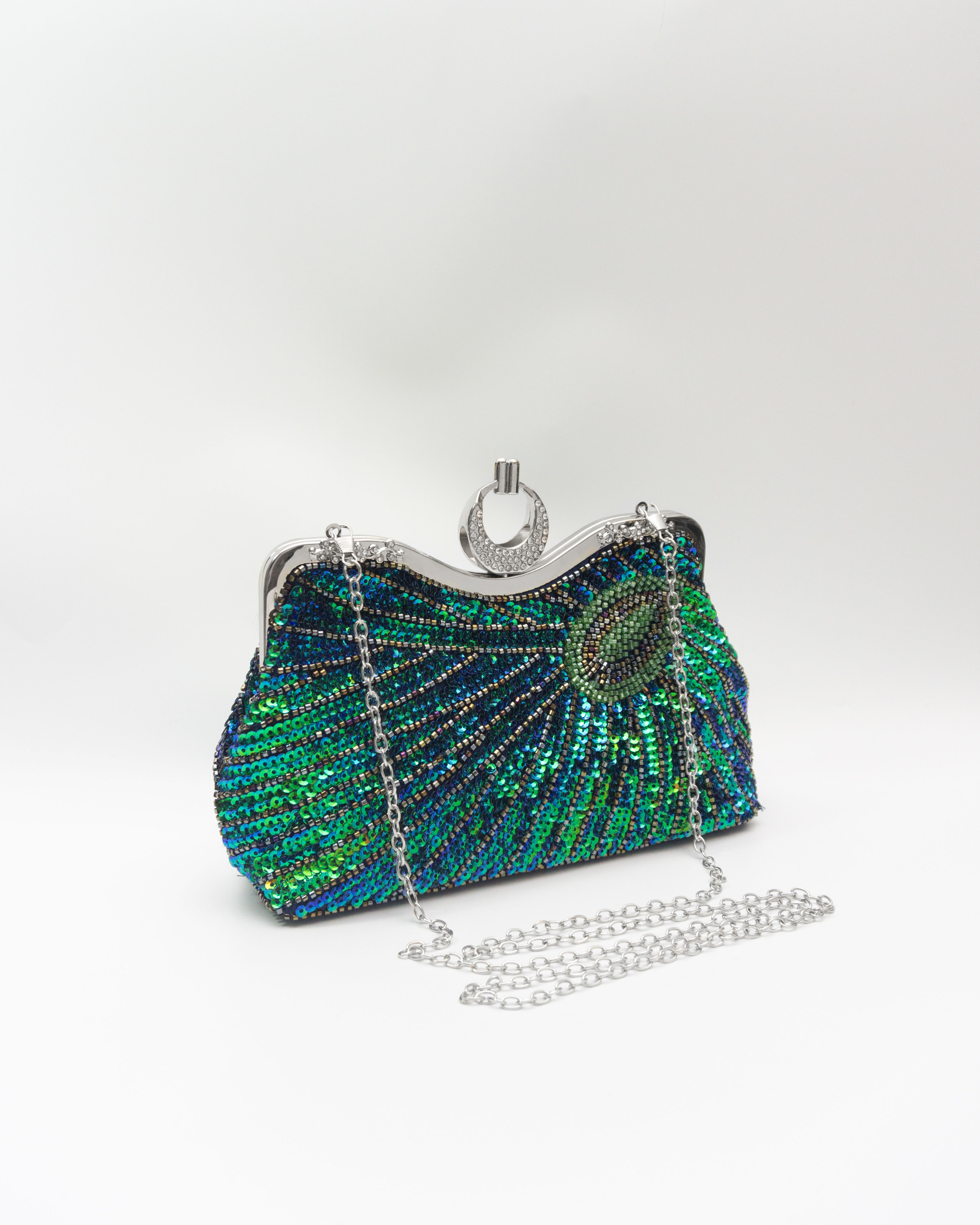 Green/emerald Green Clutch With Silver Frame and Chain 