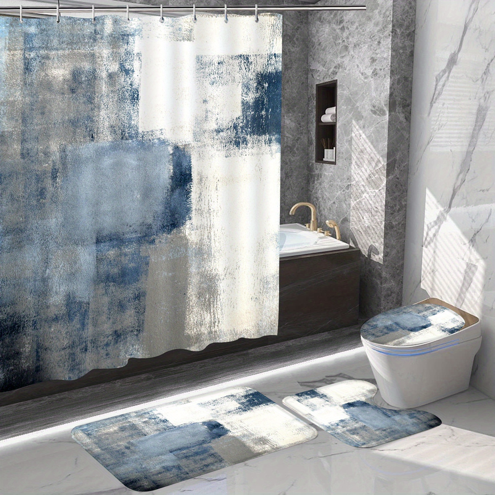 Blue white Bathroom Set Including A Shower Curtain And 3 Non - Temu