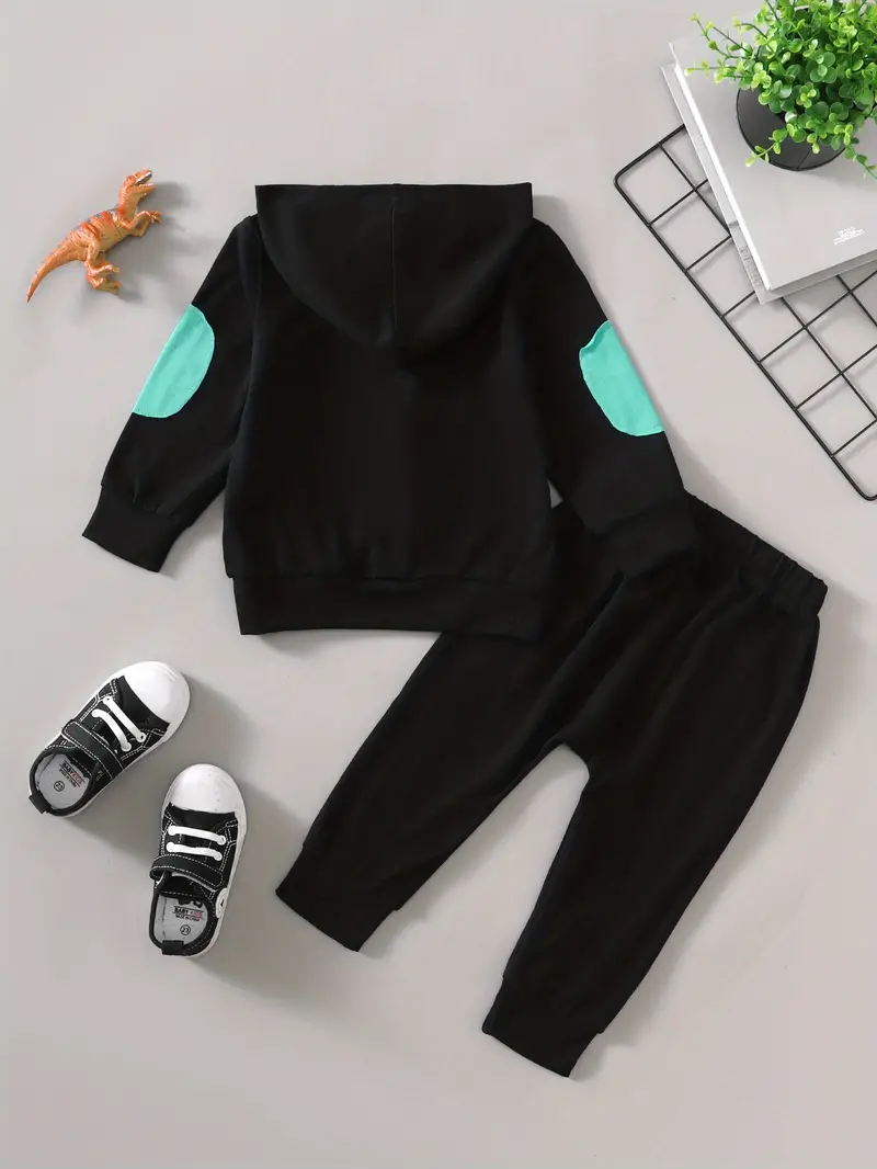boys trendy outfit cool dragon letter print stitching long sleeved hoodie trousers 2pcs suit details 2