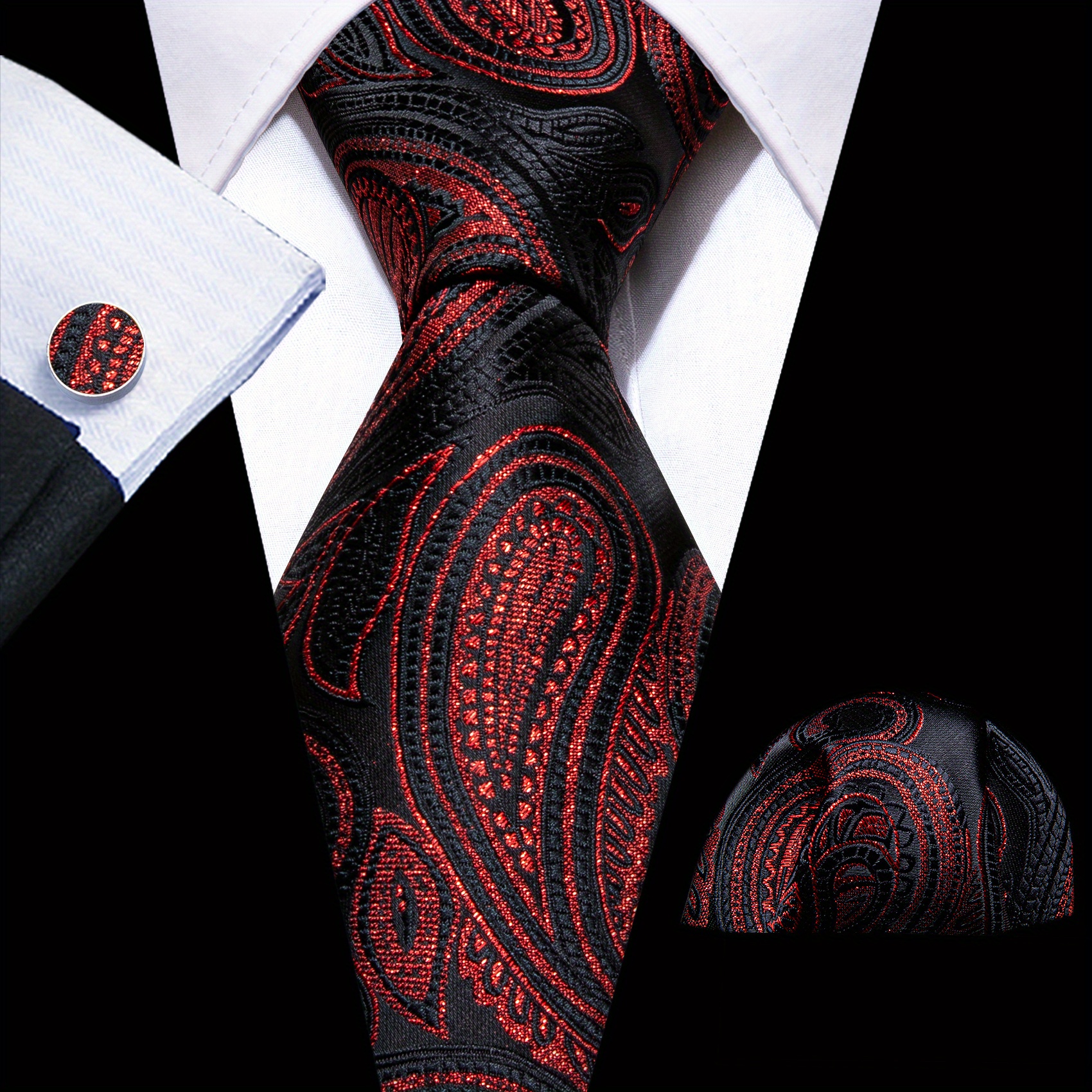 Men's Business Accessories Set, Solid Stripe Floral Necktie & Handkerchief & Cufflinks Set for Wedding Party,Temu